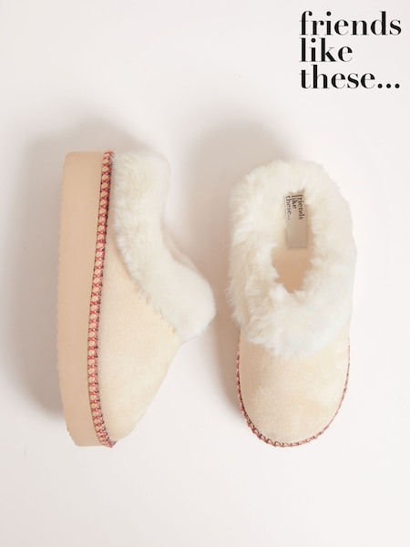 Friends Like These Cream Faux Fur Cuff Embroidered Tape Nightwear Mule Slippers (F86200) | £20