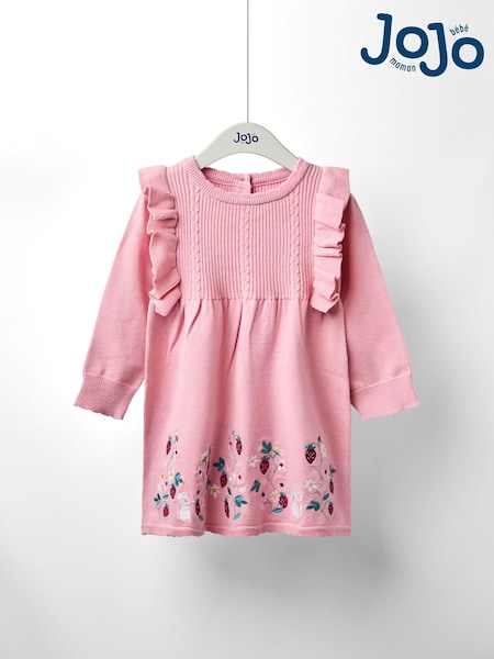 JoJo Maman Bébé Pink Embroidered Frill Knitted Dress (F86363) | £34 - £40