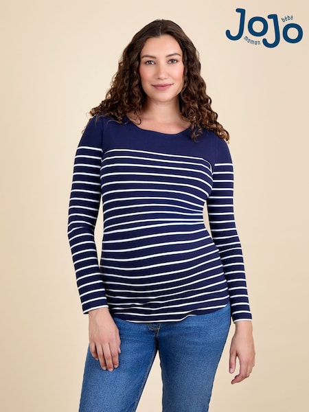 JoJo Maman Bébé Navy White Stripe Stripe Long Sleeve Maternity & Nursing Top (F86380) | £29.50