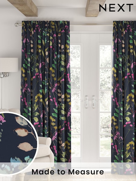 Navy Blue/Pink Isla Floral Faux Silk Made to Measure Curtains (F86475) | £91