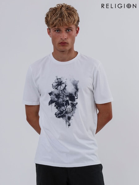 Religion White Water Colour Skull 100% Cotton T-Shirt (F86533) | £35
