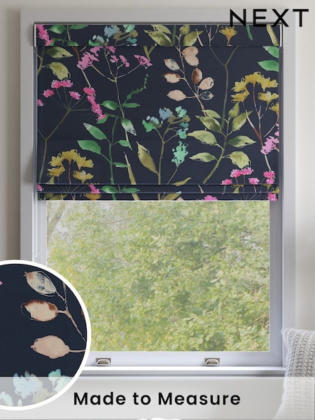Navy Blue/Pink Isla Floral Made to Measure Faux Silk Roman Blind (F86537) | £75