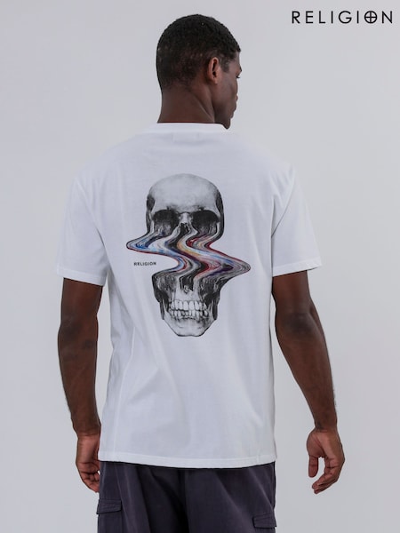 Religion White Distorted Skull 100% Cotton T-Shirt (F86544) | £35