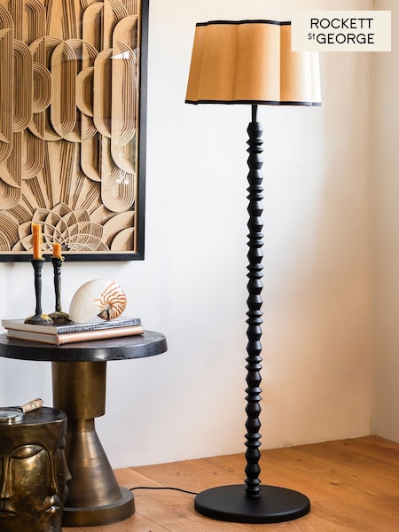 Rockett St George Black Wooden Spindle Floor Lamp with Scalloped Shade (F86607) | £245