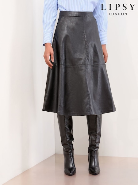 Lipsy Black Faux Leather Textured Fit and Flared Midi Skirt (F86643) | £46