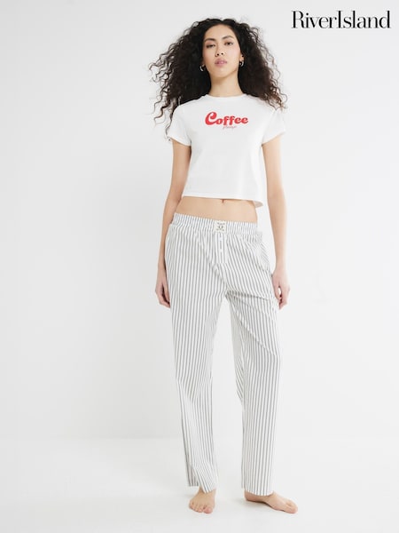 River Island Cream Coffee Slogan 100% Cotton T-Shirt and Trousers Pyjamas Set (F86662) | £30