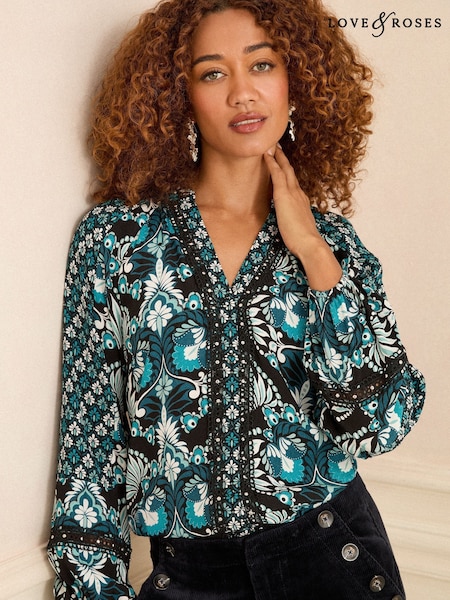 Love & Roses Blue Paisley Print Notch Neck Long Sleeve Blouse (F86673) | £42
