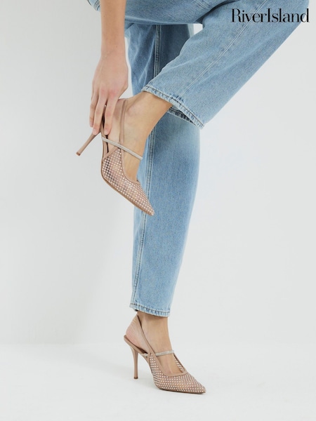 River Island Brown Beige Mesh Diamante Sling Court Shoes (F86780) | £46