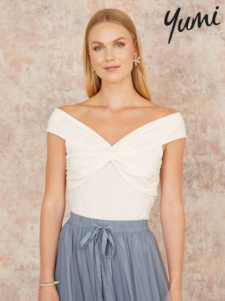 Yumi White Jersey Bardot 100% Cotton Top With Knot Detail (F86892) | £43