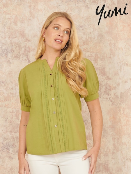 Yumi Green Pleated Short Sleeve 100% Cotton Shirt (F86895) | £45