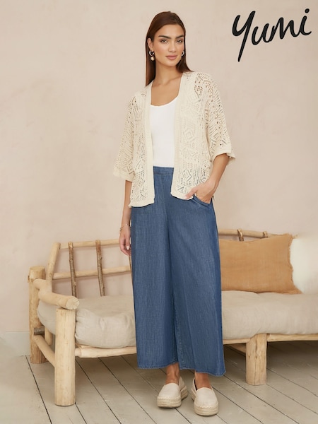Yumi Natural Crochet Edge To Edge 3/4 Sleeve 100% Cotton Cardigan (F86900) | £40