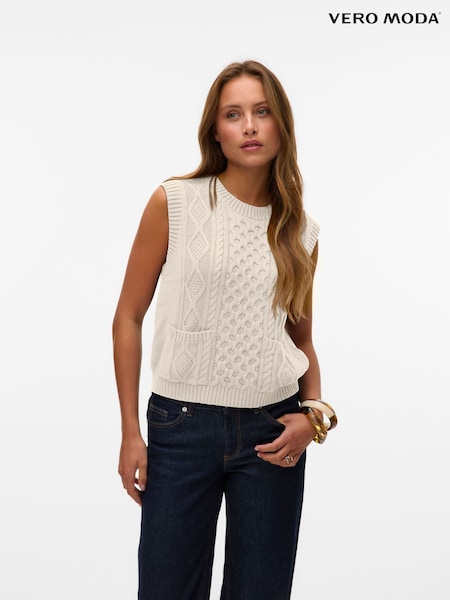 VERO MODA Cream Sleeveless Cable Knit Vest (F86963) | £34