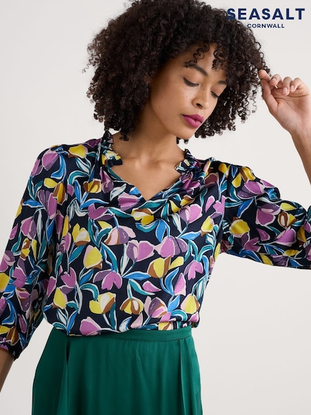 Seasalt Cornwall Black Multi Flower Weave Satin Frill Neck Print  Blouse (F87015) | £60