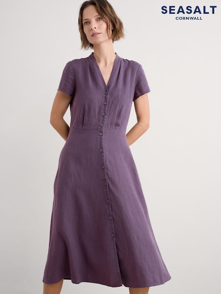 Seasalt Cornwall Purple Carved Wood Midi 	100% Linen Dress (F87031) | £90