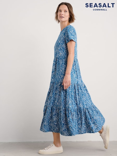 Seasalt Cornwall Blue 100% Cotton Strokes Short Sleeve Dress (F87039) | £70