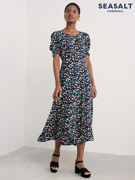 Seasalt Cornwall Black Marsh Violet Short Sleeve Empire Line Dress (F87057) | £86