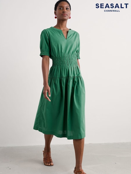 Seasalt Cornwall Dark Green Edith Smocked 100% Cotton Midi Dress (F87071) | £76