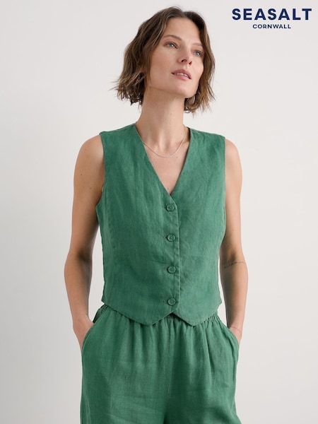 Seasalt Cornwall Green Teal Blinker Linen Waistcoat (F87083) | £70