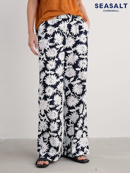 Seasalt Cornwall Blue Poolfield 100% Cotton Printed Trousers (F87102) | £70