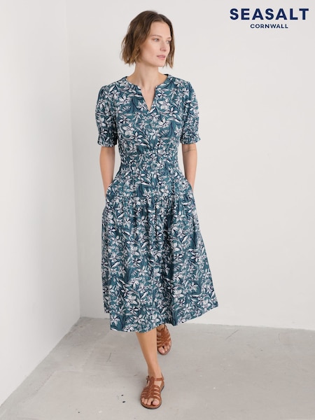 Seasalt Cornwall Green Edith Smocked 100% Cotton Midi Dress (F87137) | £80