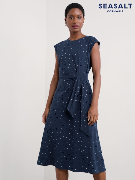 Seasalt Cornwall Blue Fettling Jersey Tie Detail Midi Dress (F87164) | £70