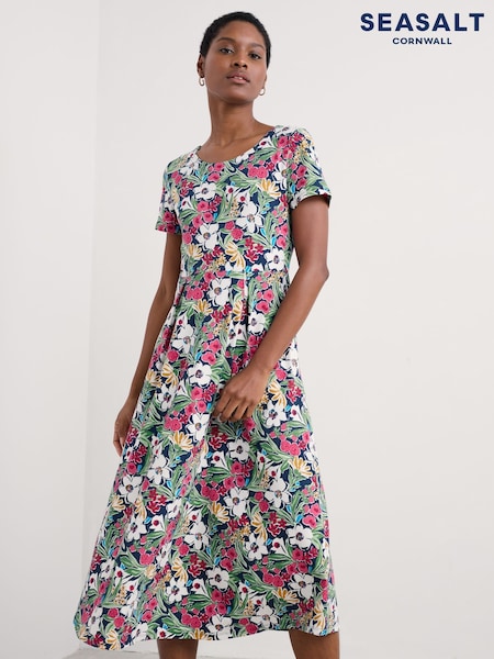Seasalt Cornwall Black Multi Veronica Short Sleeve Jersey Midi Dress (F87172) | £66