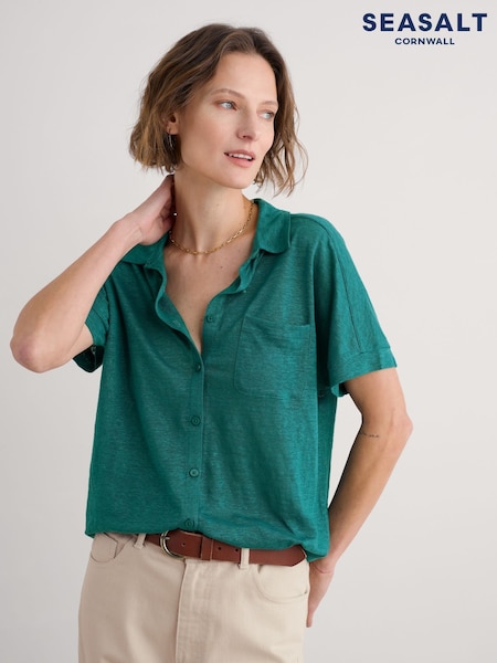 Seasalt Cornwall Green Parsley Fern Linen 100% Linen Jersey Shirt (F87174) | £56