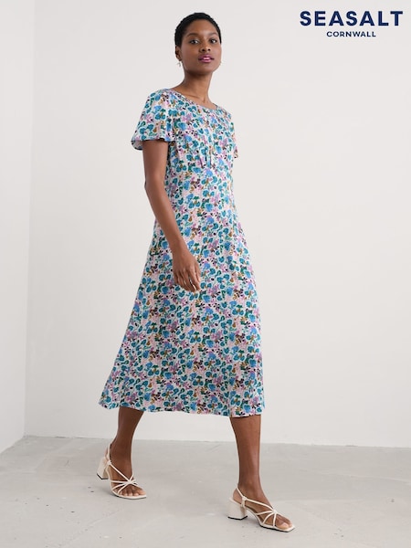 Seasalt Cornwall Blue Petite Rosalind Satin Midi Dress (F87196) | £96