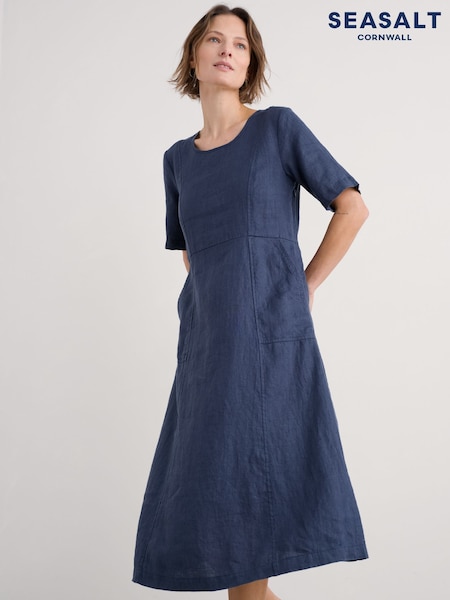 Seasalt Cornwall Blue Grass Wave 100% Linen Midi Dress (F87206) | £90