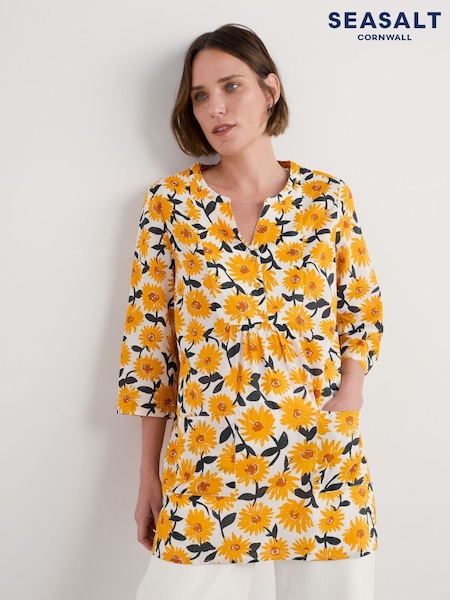 Seasalt Cornwall Yellow Aventurier Printed 100% Cotton Tunic (F87250) | £60