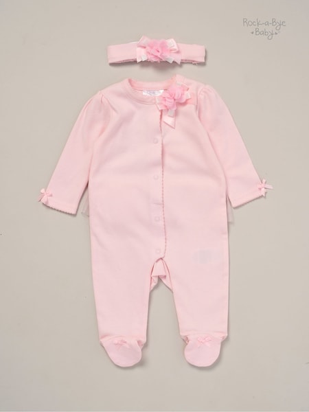 Rock-A-Bye Baby Boutique Pink Ribbon Detail All-In-One and Headband Outfit Set (F87313) | £18