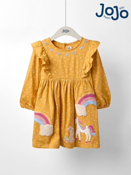 JoJo Maman Bébé Yellow Pretty Appliqué Frill Dress (F87366) | £23 - £26