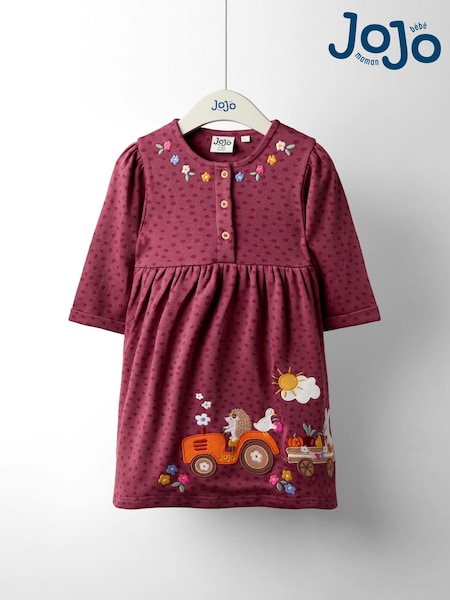JoJo Maman Bébé Plum Purple Tractor Friends Button Front Appliqué Dress (F87377) | £23 - £26