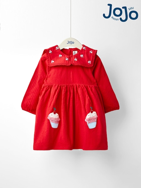 JoJo Maman Bébé Red Oversized Collar Appliqué Dress (F87381) | £24 - £27