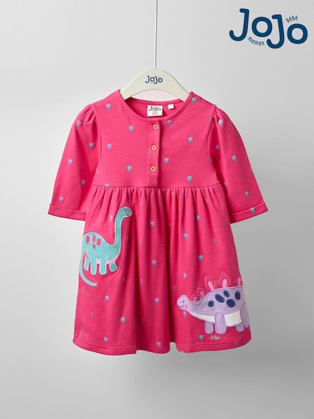 JoJo Maman Bébé Fucshia Pink Dinosaur Button Front Appliqué Dress (F87384) | £21 - £24