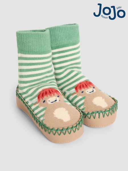 JoJo Maman Bébé Green Highland Cow Moccasin Slipper Socks (F87412) | £12.50