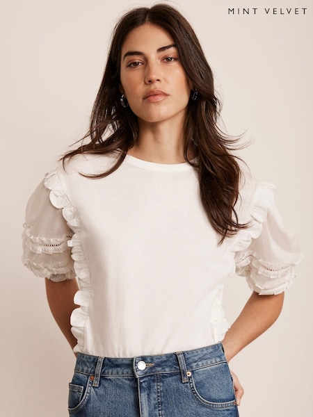 Mint Velvet White Woven Sleeve 100% Cotton T-Shirt (F87468) | £59