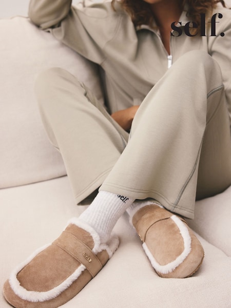 self. Tan Suede Faux Fur Footbed Slippers (F87479) | £32