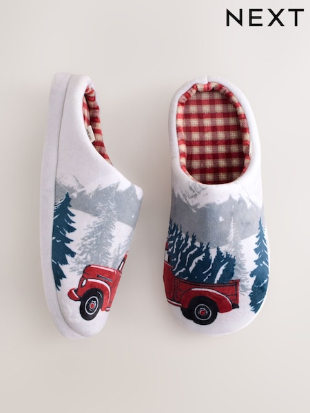 Grey Christmas Truck Plush Mule Slippers (F87492) | £14