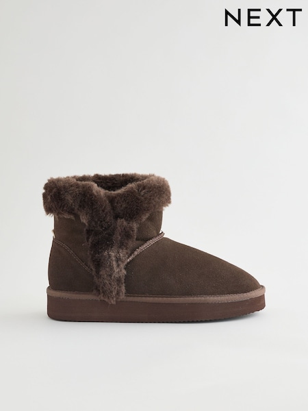 Chocolate Brown Suede Faux Fur Boot Slippers (F87497) | £32