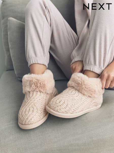Neutral Faux Fur Cable Knit Boot Slippers (F87499) | £24