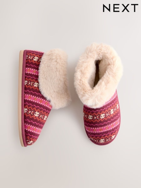 Berry Fairisle Faux Fur Boot Slippers (F87505) | £24