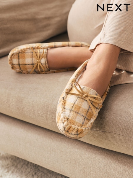 Ochre Yellow Check Moccasin Brushed Slippers (F87514) | £20