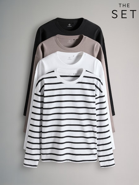The Set Black/Taupe Brown/Stripe/White 4 Pack Long Sleeve Heavyweight Relaxed T-Shirts (F87530) | £32