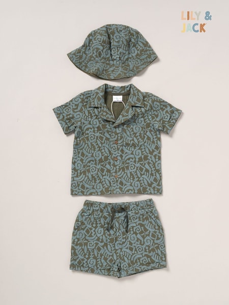 Lily & Jack Printed Muslin 100% Cotton Shirt, Shorts and Bucket Hat Brown Outfit Set (F87616) | £24 - £26