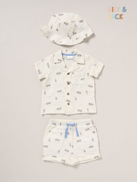 Lily & Jack Muslin Printed 100% Cotton Shirt, Shorts and Bucket Hat Outfit Set (F87618) | £24 - £26