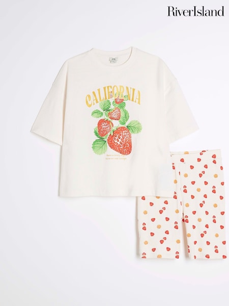 River Island Cream Girls Cali Strawberry T-Shirt and Shorts Set (F87745) | £16