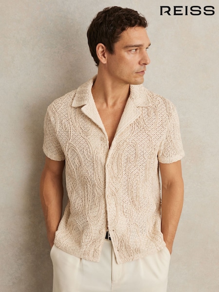 Reiss Oatmeal Finn Cotton-Blend Embroidered Crochet Shirt (F87756) | £148