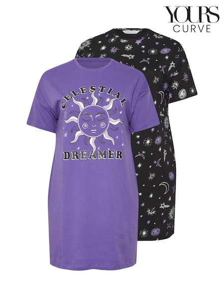 Yours Curve Purple Celestial Dreamer Sleep 100% Cotton T-Shirt 2 Pack (F88126) | £29