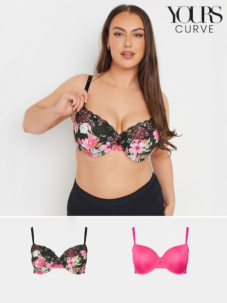 Yours Curve Pink Floral Print Padded Bras 2 Pack (F88139) | £40